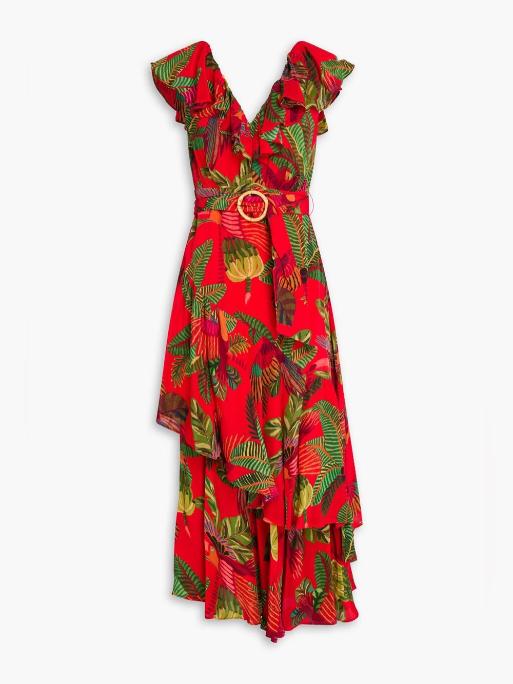 NEW Farm Rio Red Forest Birds Belted Asymmetrical Midi Dress Sz XS